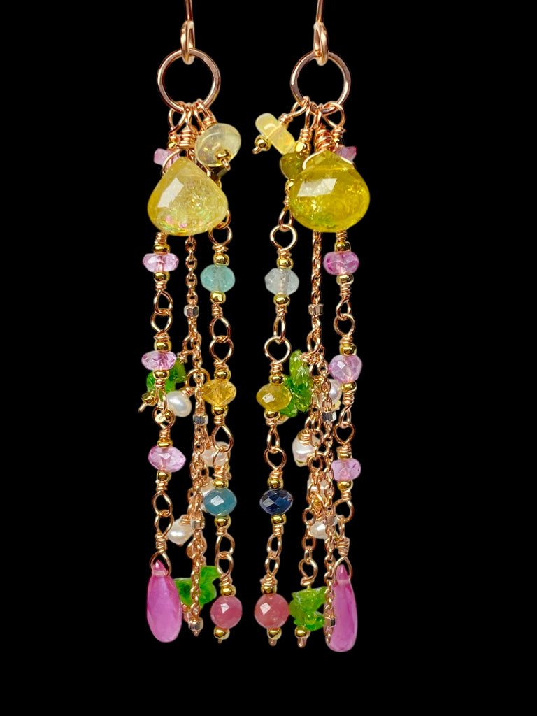 Canary Yellow Tourmaline Long Dangle Earrings Rose Gold Fill
