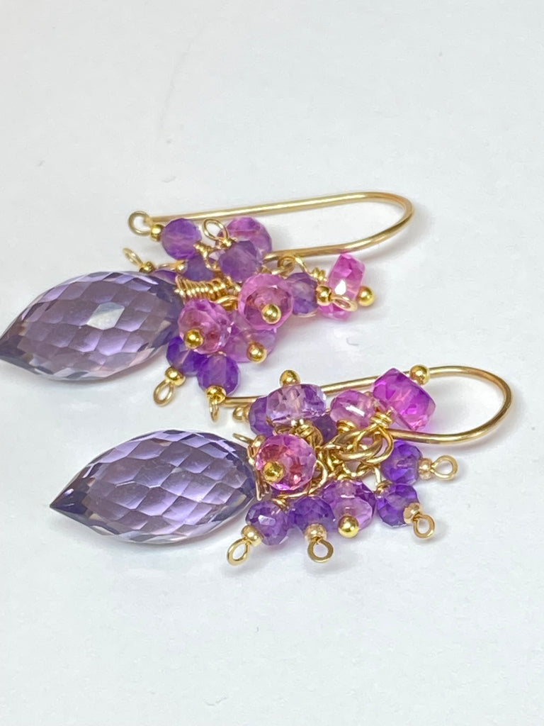 Amethyst, Violet Sapphire Cluster Earrings, Gold Fill