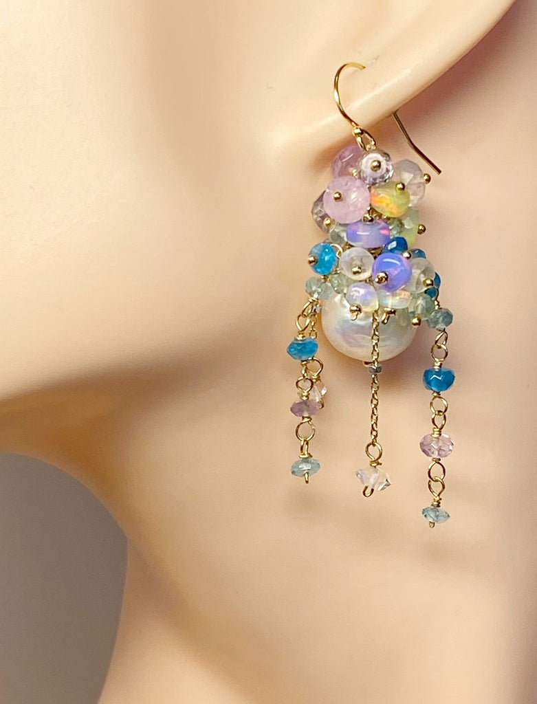 Edison Pearl Barque Cluster Earrings Gold Fill, Lavender, Blue, Aqua Green