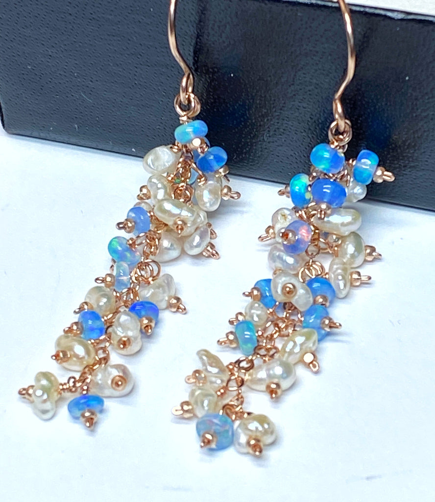 Blue Ethiopian Opal and Keishi Pearl Tassel Dangle Earrings Rose Gold