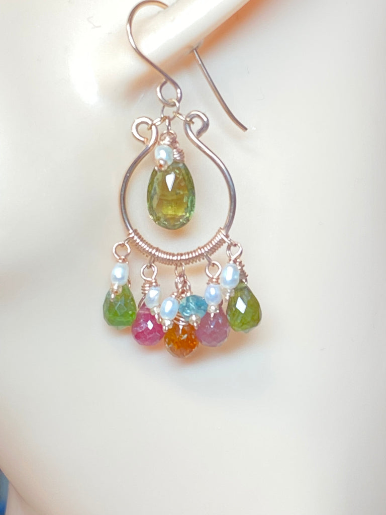 Multicolor Tourmaline Rose Gold Fill Hoop Chandelier Earrings