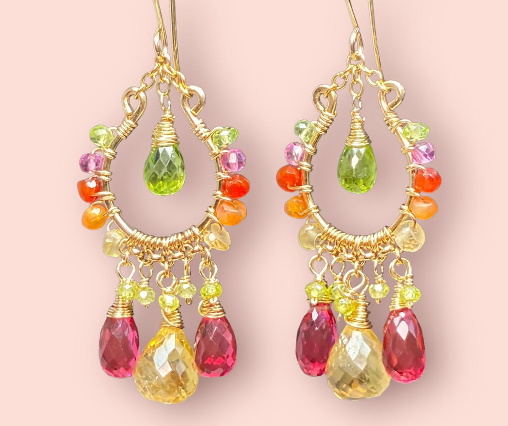 Colorful Gemstone Chandelier Earrings:  Peridot, Citrine, Fuchsia Pink Quartz, Gold Fill