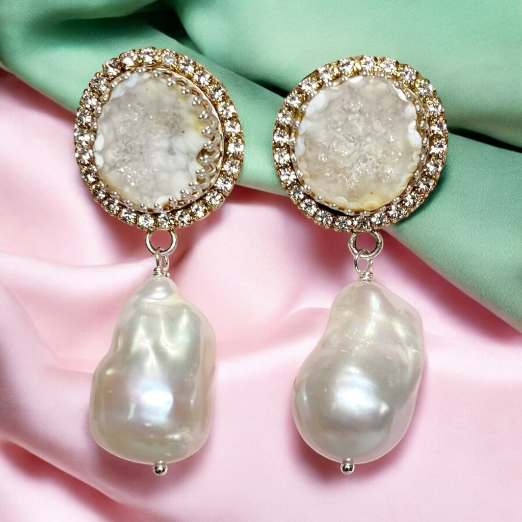 Handmade Ivory White Tabasco Geode Wedding Earrings Post with Baroque Pearl Drops