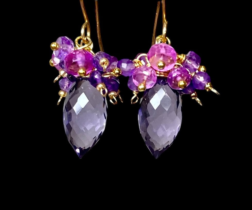 Amethyst, Violet Sapphire Cluster Earrings, Gold Fill