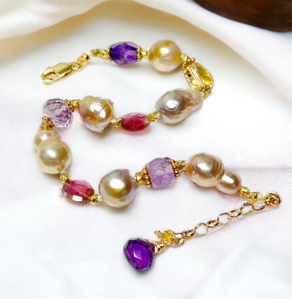 Baroque Pearl and Multi Gemstone Bracelet Gold Fill