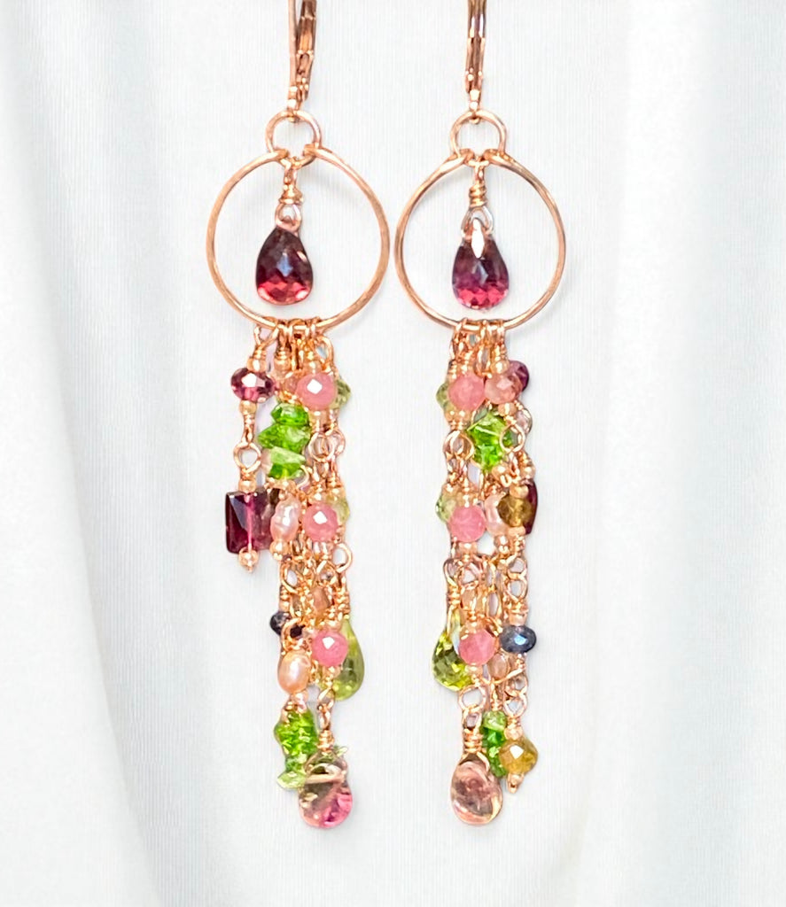 Rubellite Tourmaline Multicolor Gemstone Long Boho Dangle Earrings Rose Gold