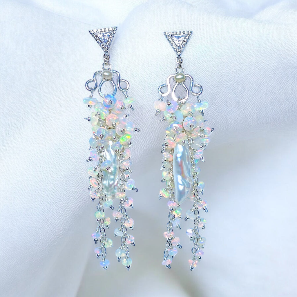 Handmade Bridal Chandelier Earrings with Opals, Sterling Silver 2