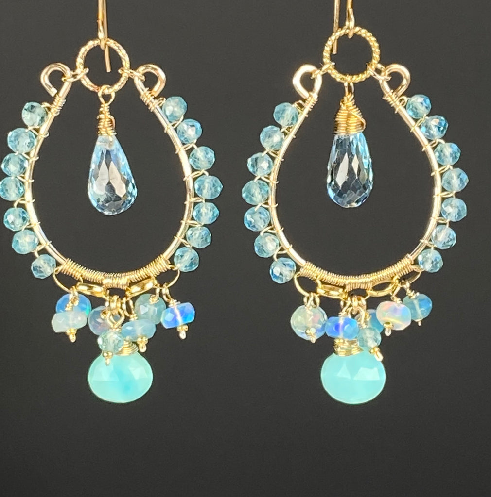Blue Topaz and Opal Chandelier Hoop Earrings, Apatite, 14k Gold Fill