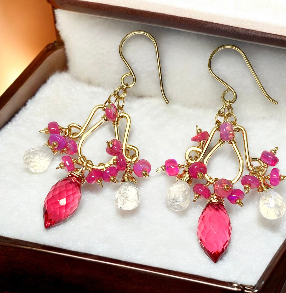 Rubellite Pink Quartz Moonstone Chandelier Earrings Pink Opals, Gold Fill