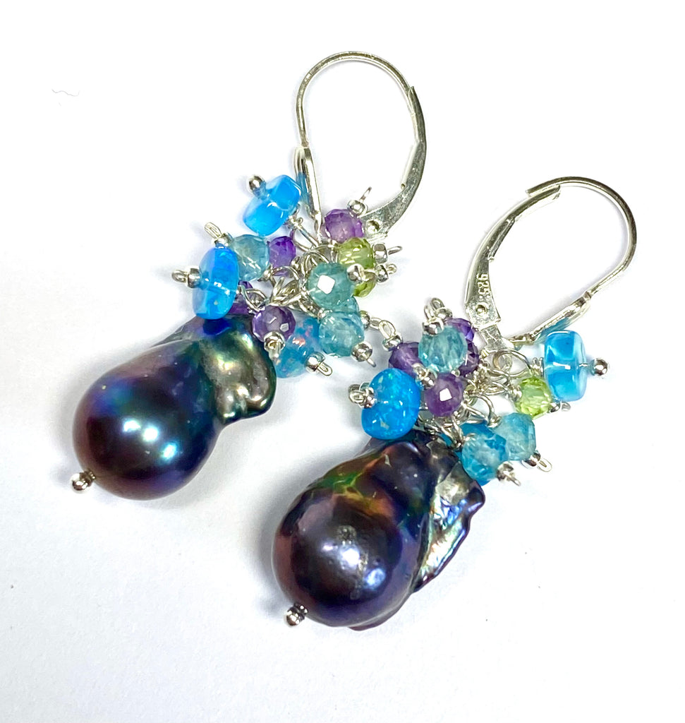 Baroque Peacock Pearl Cluster Earrings, Peridot, Amethyst, Opal, Sterling Silver