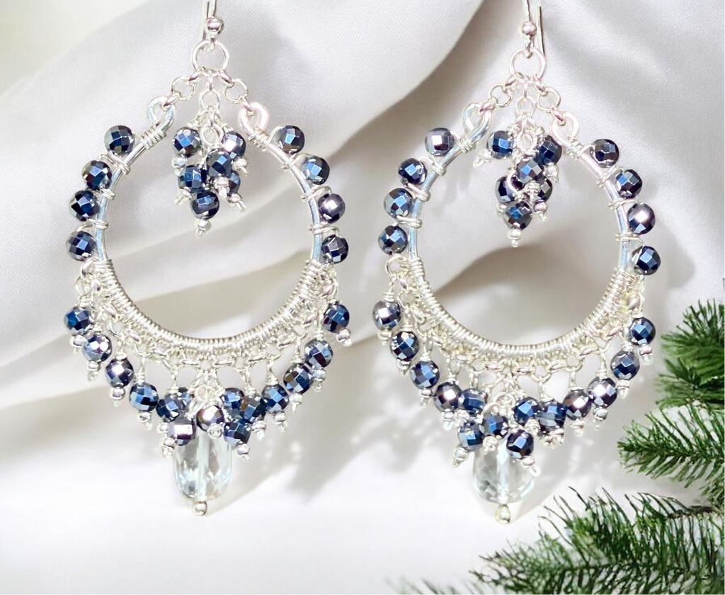 Black Gemstone Chandelier Hoop Earrings Sterling Silver 2