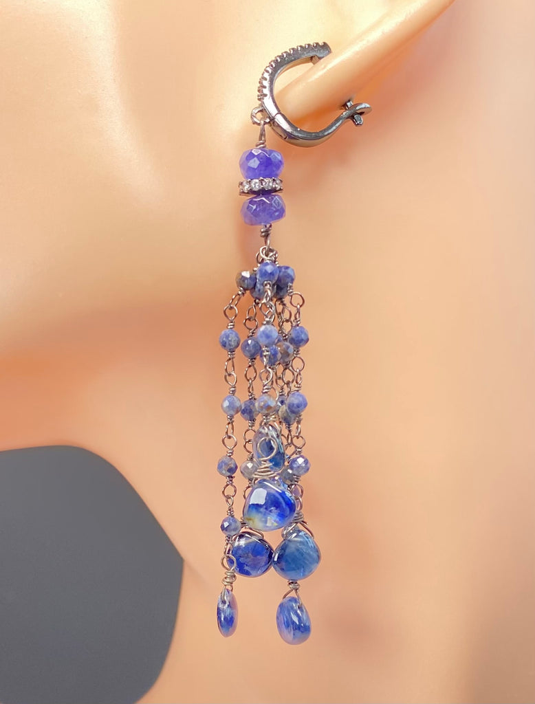 Blue Sapphire Kyanite Boho Tassel Earrings in Oxidized Sterling Silver