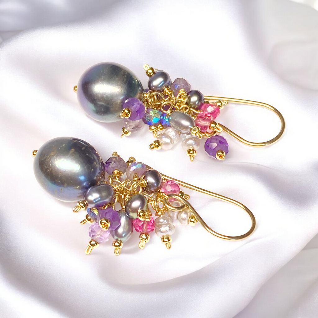 Black Peacock Pearl Earrings Amethyst and Pink Gemstone Clusters Gold Fill