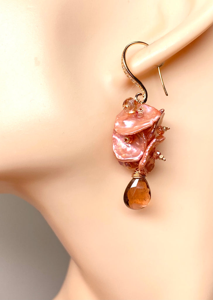 Tourmaline, Sapphire and Coral Keishi Pearl Cluster Earrings Rose Gold