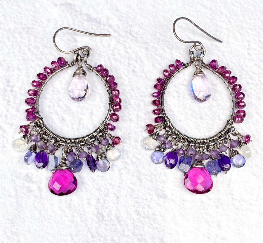 Rhodolite Garnet and Blue Violet Gemstone Chandelier Hoop Earrings - Doolittle