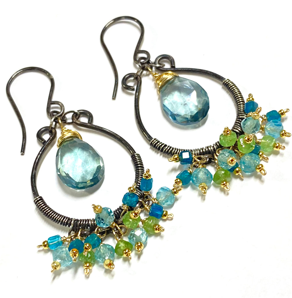 Aqua Apatite Oxidized Sterling Silver Hoop Chandelier Earrings