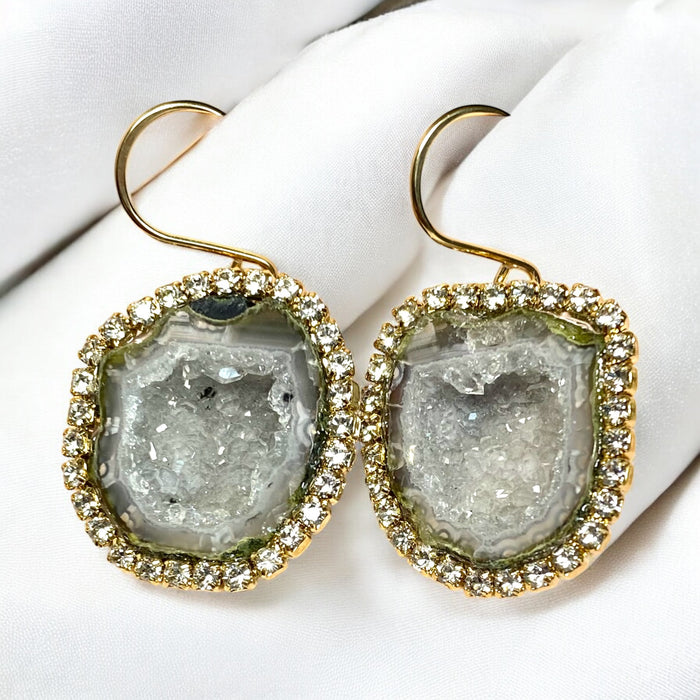 Silvery Grey Tabasco Geode Dangle Earrings with Austrian Crystals