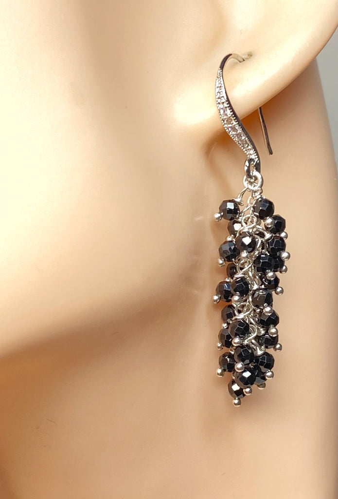 Black Cluster Earrings Sterling Silver Mystic Black Spinel