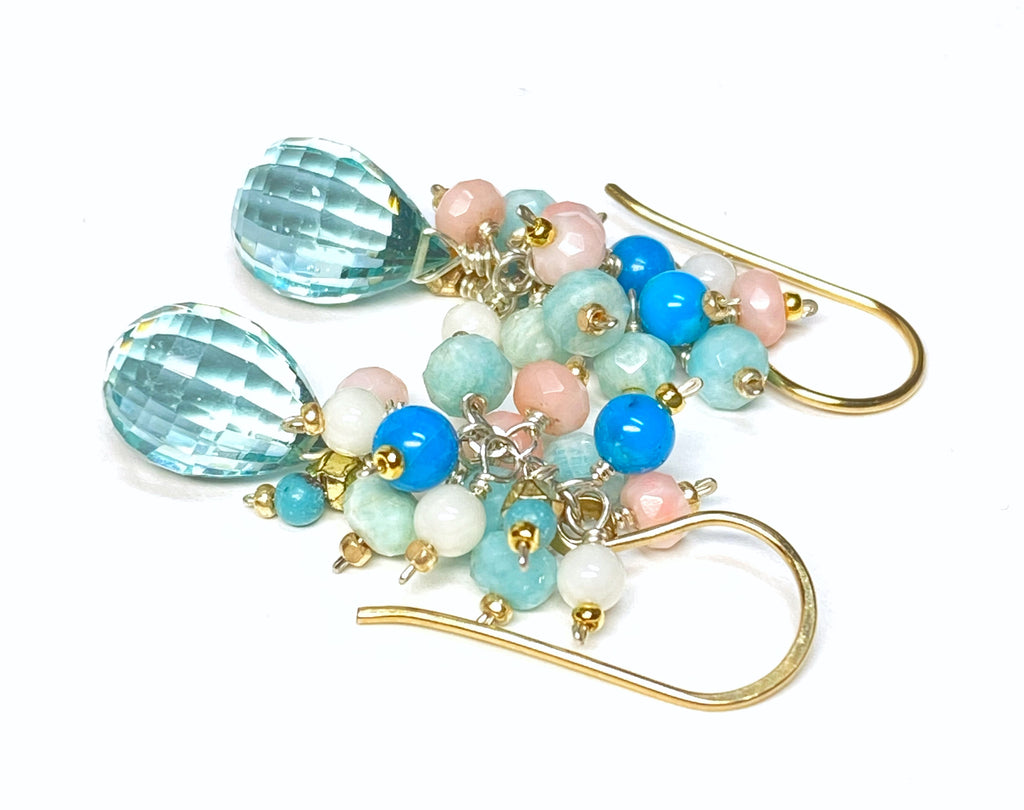 Aqua Quartz Multi Gem Cluster Earrings Mixed Metals