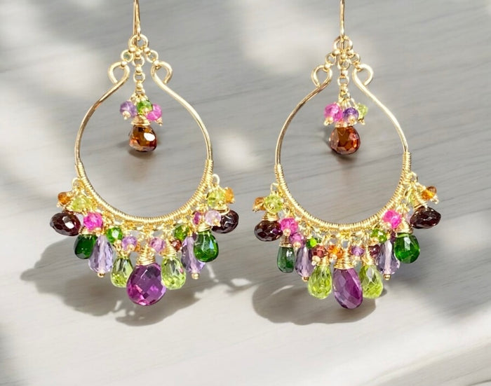 Statement Multi Gemstone Chandelier Hoop Earrings - Violet, Green, Pink