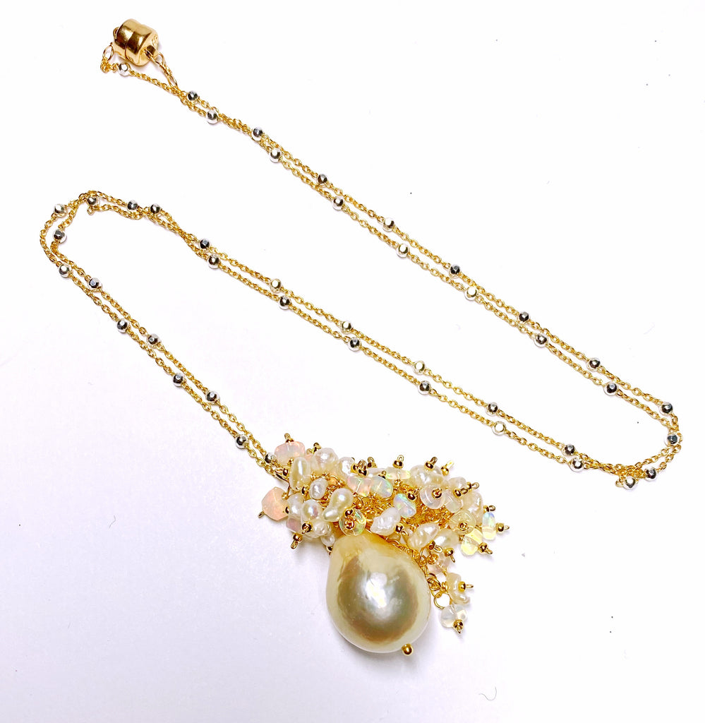 Golden Edison Baroque Pearl Opal Cluster Pendant in Gold Fill