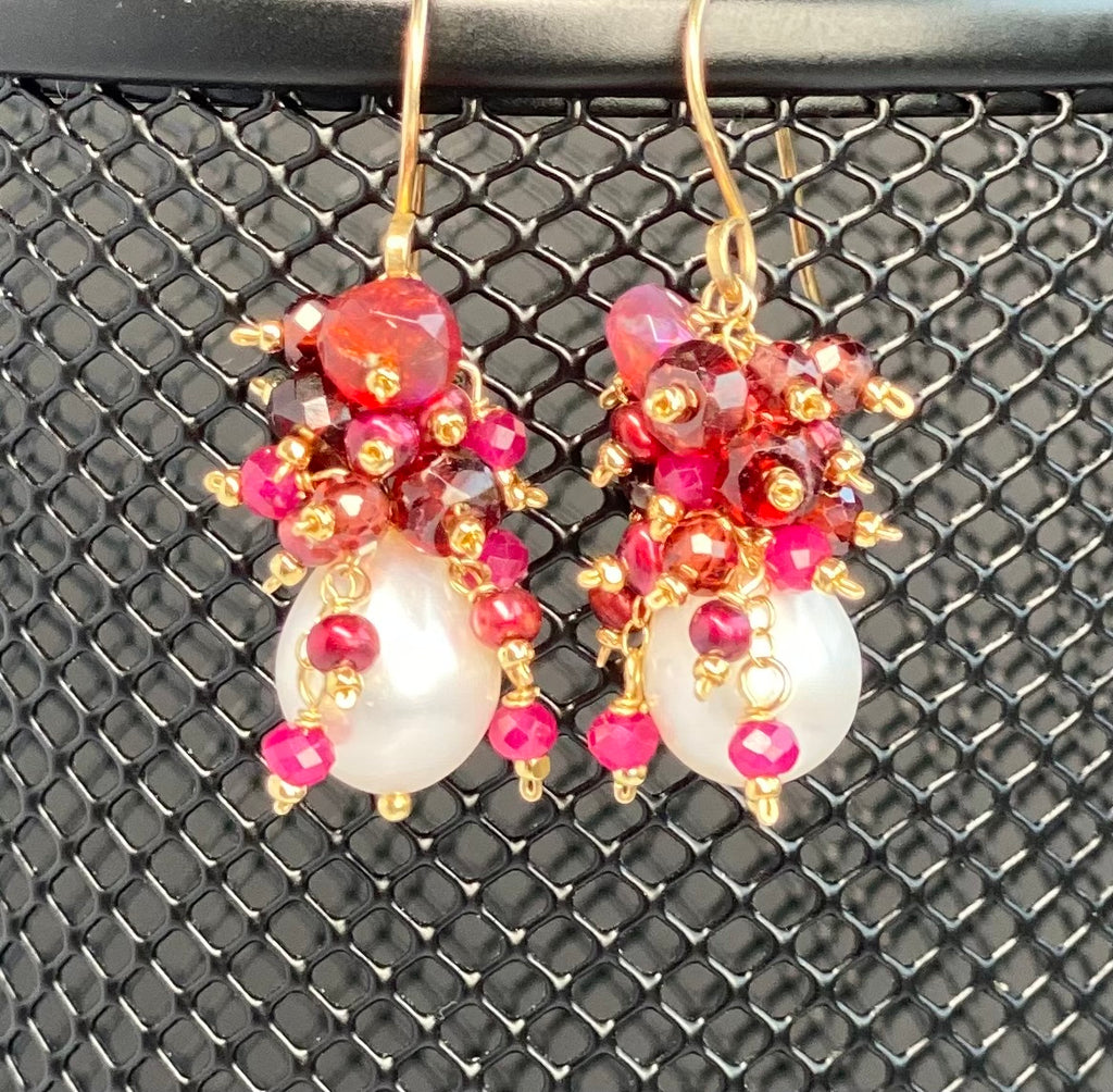 Red Ruby, Opal, Garnet and Ivory Pearl Earrings Gold Fill