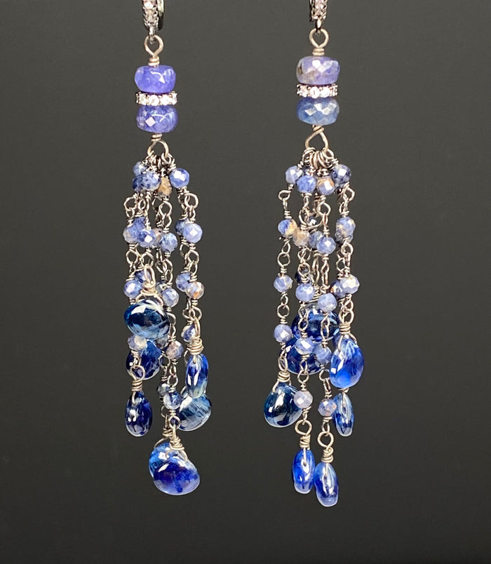 Blue Sapphire Kyanite Boho Tassel Earrings in Oxidized Sterling Silver - Doolittle