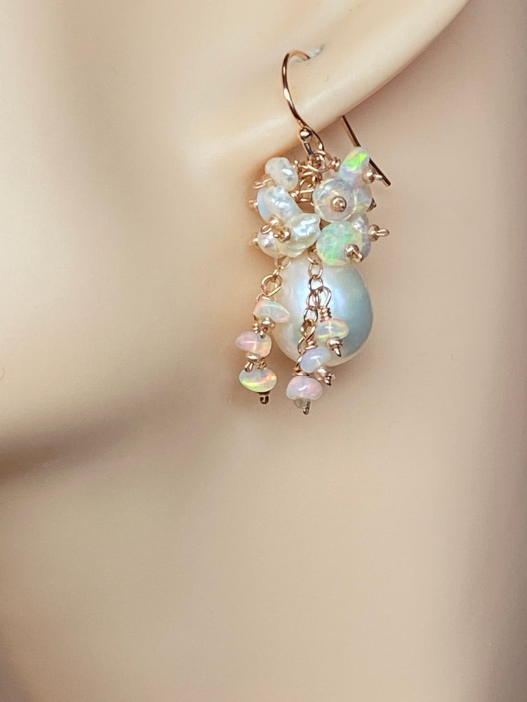 Pearl and Ethiopian Opal Cluster Earrings