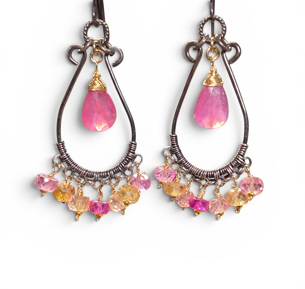 Padparadscha Pink Sapphire Chandelier Hoop Earrings — Fuchsia, Blush & Peach, Mixed Metals