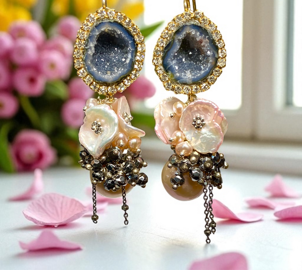 Pink Edison Pearl Cluster Earrings with Keishi and Black Geodes