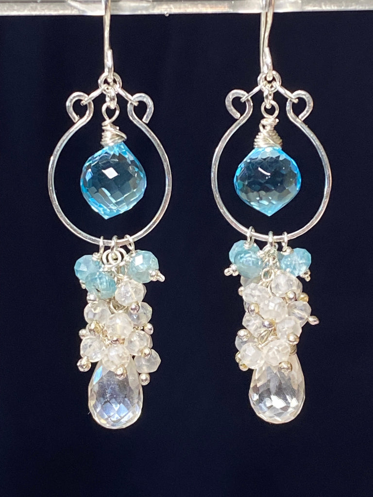 One of a kind blue zircon mystic silver quartz chandelier earrings wire-wrapped in sterling silver shown on black background