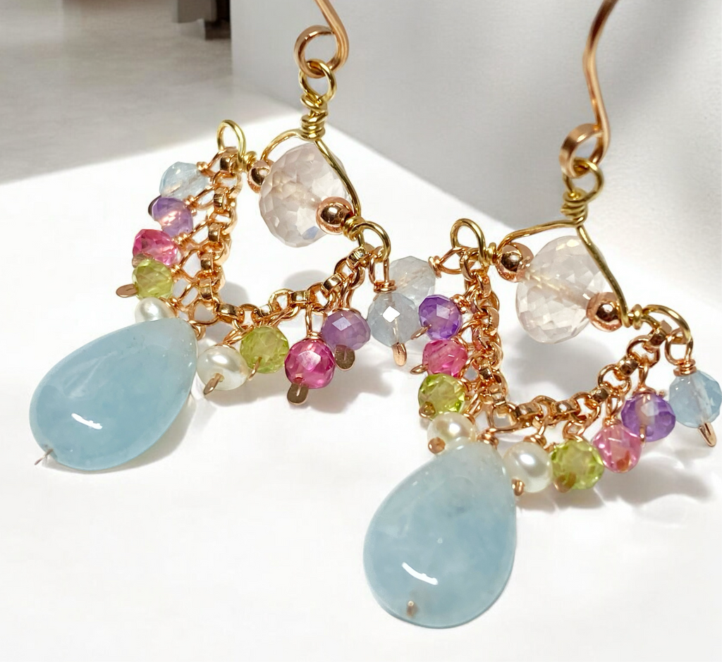 Blue Aquamarine, Rose Quartz, Rose Gold Petite Chandelier Earrings