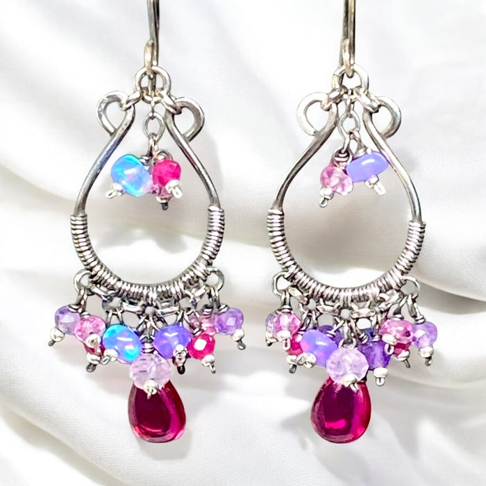 Pink Rubellite, Lavender Gems Oxidized Silver Hoop Chandelier Earrings,