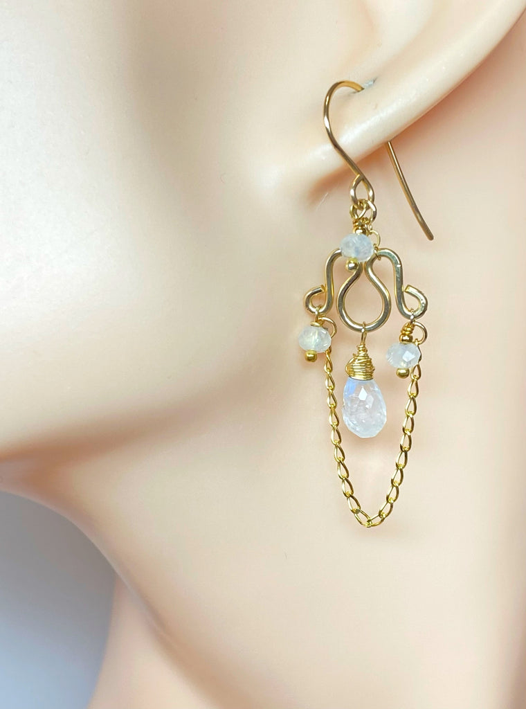 Rainbow Moonstone Petite Chandelier Earrings Gold Fill