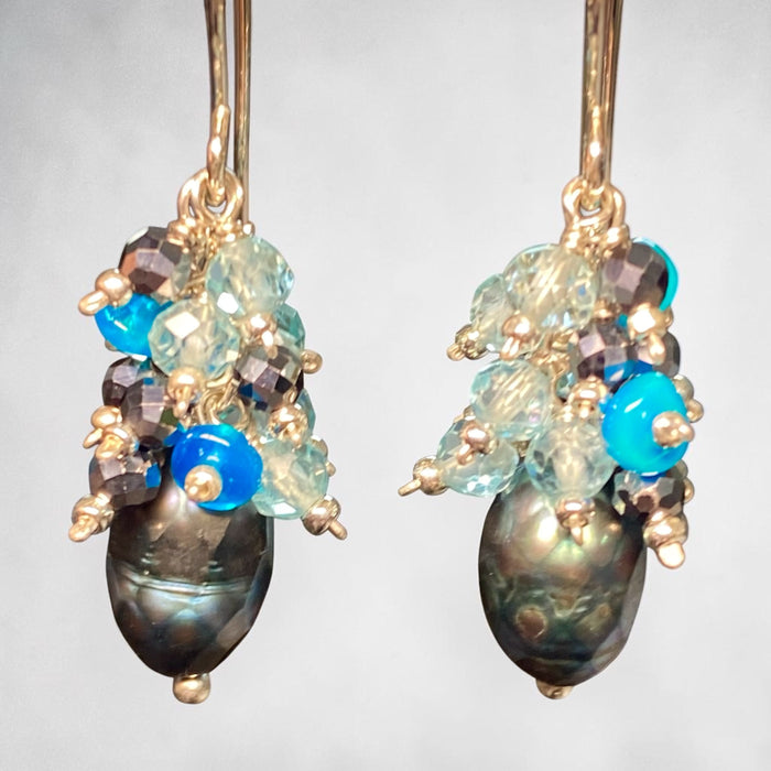 Petite Peacock Pearl Cluster Earrings — Teal Blue Opal, Aqua Apatite, Mystic Black Terahertz