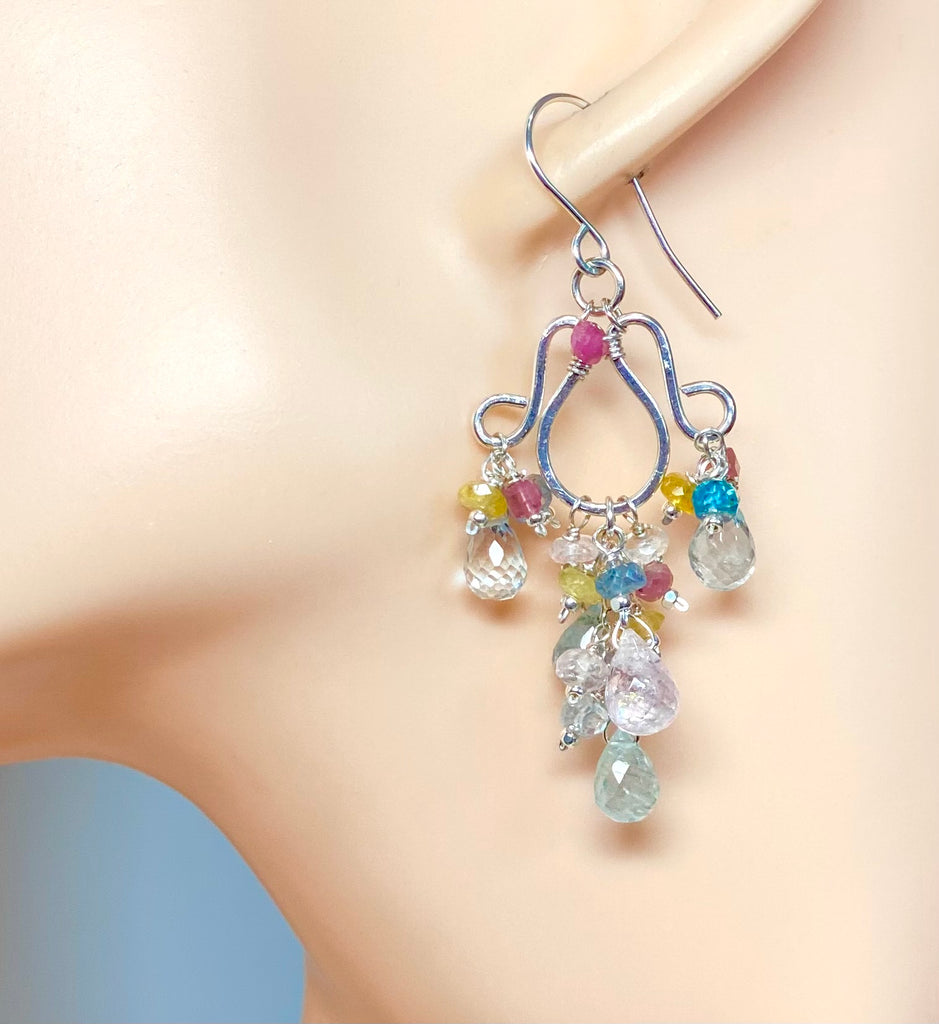 Dangle Gemstone Chandelier Earrings with Aquamarine in Sterling Silver