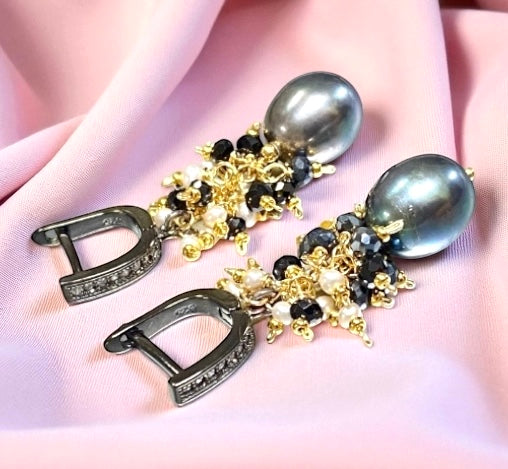 Black Pearl Earrings with White Pearl and Black Spinel Clusters Lever Back
