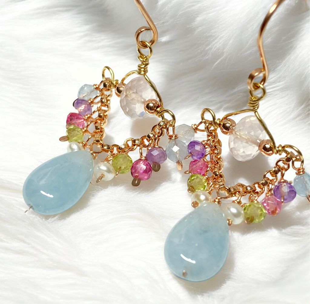 Blue Aquamarine, Rose Quartz, Rose Gold Petite Chandelier Earrings