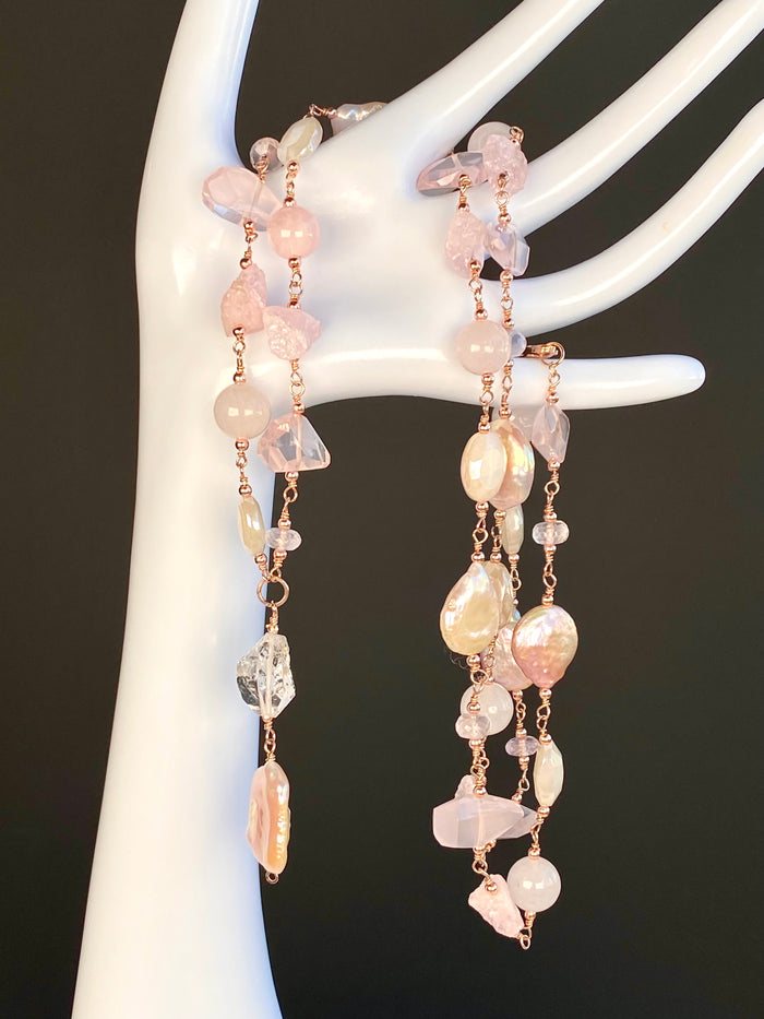 Blush Pink Coin Pearl Long Sautoir Necklace — Rose Gold Fill, Rose Quartz & Morganite