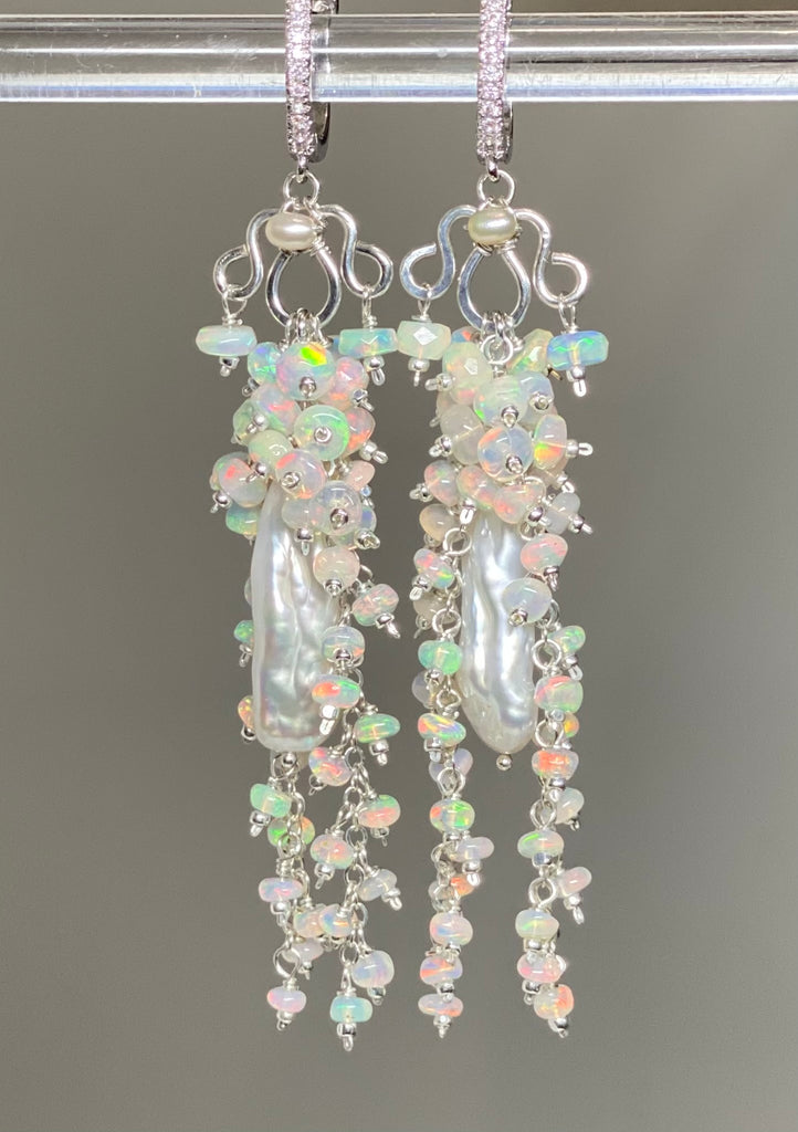 Pearl, Ethiopian Opal Statement Earrings, Bridal Earrings, Sterling Silver 2