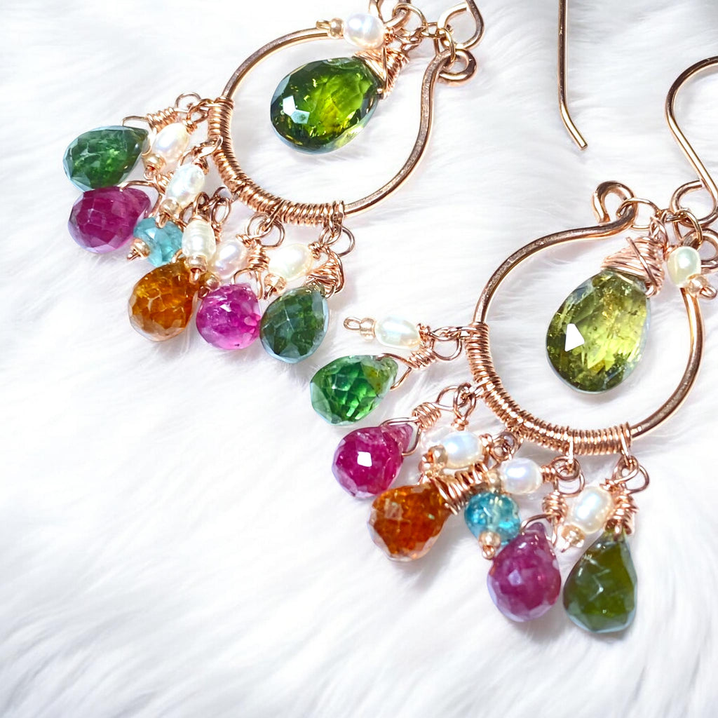Multicolor Tourmaline Rose Gold Fill Hoop Chandelier Earrings
