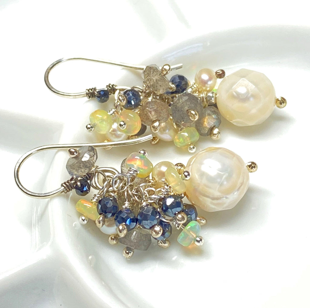 Petite Laser Pearl Cluster Earrings, Black, White, Labradorite, Opals