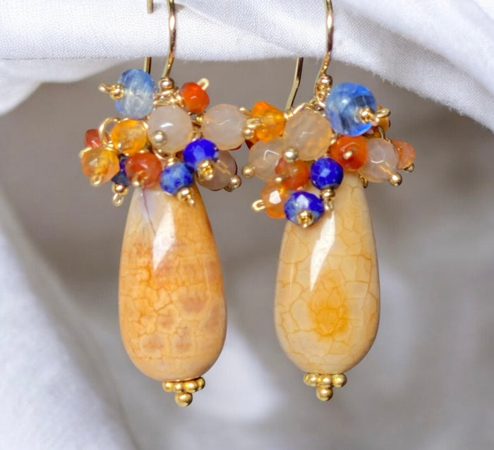 Fire Agate Drop and Gemstone Cluster Earrings Gold Fill 2