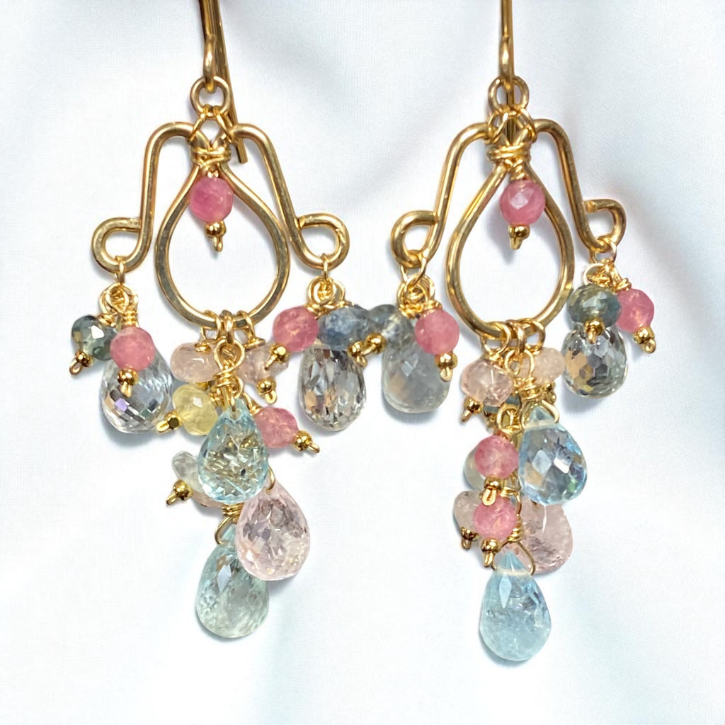 Gemstone Dangle Chandelier Earrings with Aquamarine in Gold Fill