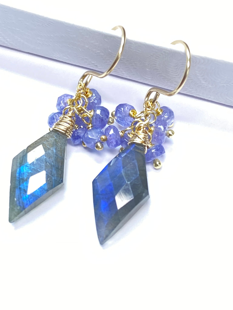 Blue Labradorite Fancy Cut Gem Earrings with Tanzanite Clusters: Gold Fill or Sterling Silver