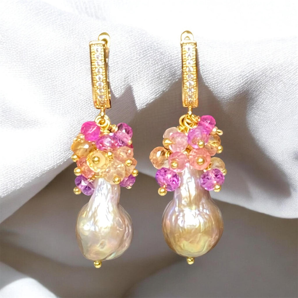 Baroque Flameball Gold Silver Pearl Earrings with Padparadscha Sapphire Clusters Gold Fill - Doolittle