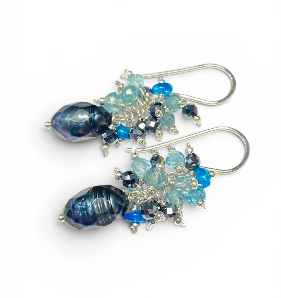 Petite Peacock Pearl Cluster Earrings — Teal Blue Opal, Aqua Apatite, Mystic Black Terahertz
