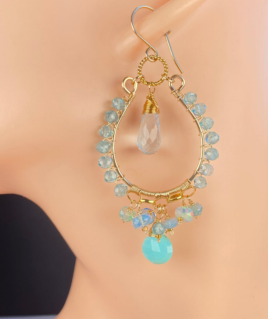 Blue Topaz and Opal Chandelier Hoop Earrings, Apatite, 14k Gold Fill