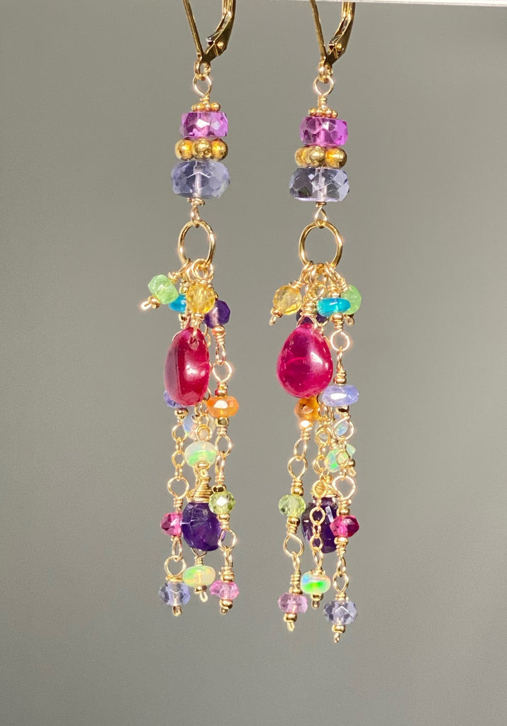 Violet Sapphire, Multi Gemstone Gold Fill Long Dangle Earrings