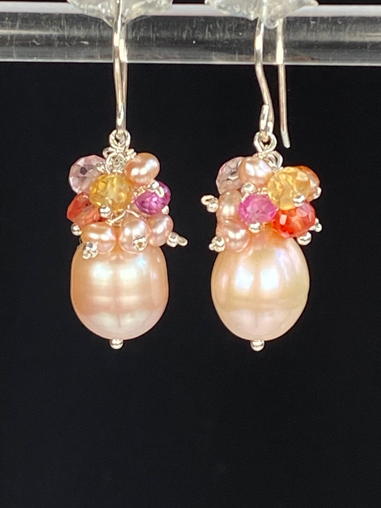 Blush Pink Pearl Cluster Earrings with Padparadscha Sapphires, Sterling Silver